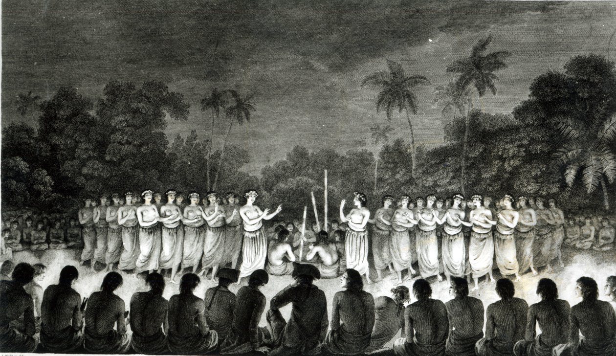 Ystävällisen saaren alkuperäisasukkaat tanssimassa hapee, kapteeni James Cookin (1728-79) kolmannesta matka-atlaksesta (1777). tekijältä John Webber