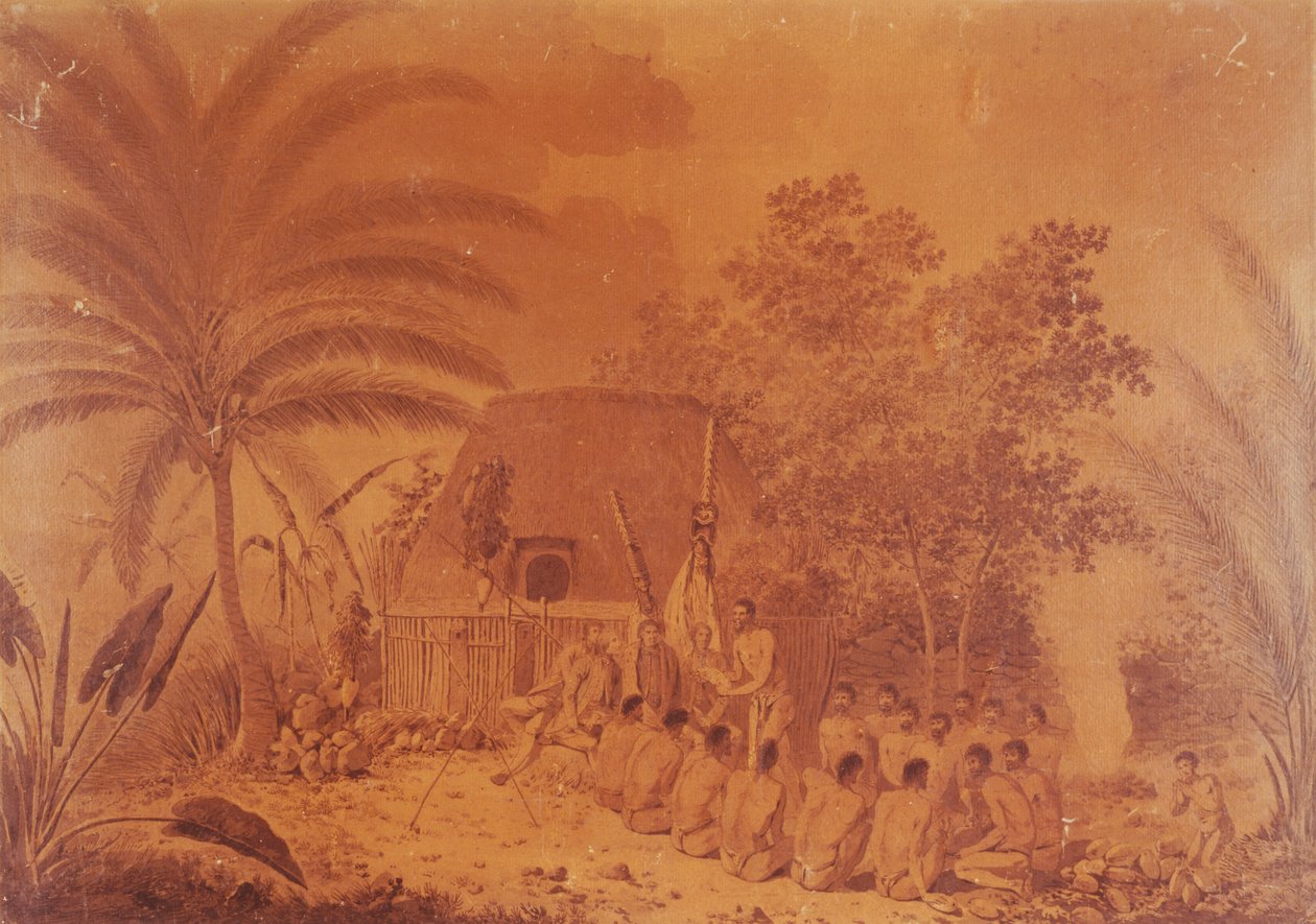 Tarjoukset kapteeni James Cookille, kaiverrus John Webber, Polynesia 17th Century. tekijältä John Webber
