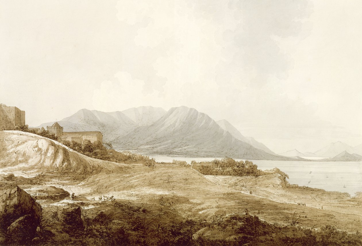 Näkymä Macaossa, mukaan lukien Camoensin asuinpaikka, jossa hän kirjoitti Lusiad-pubista "Näkymät etelämerellä". 1788 tekijältä John Webber