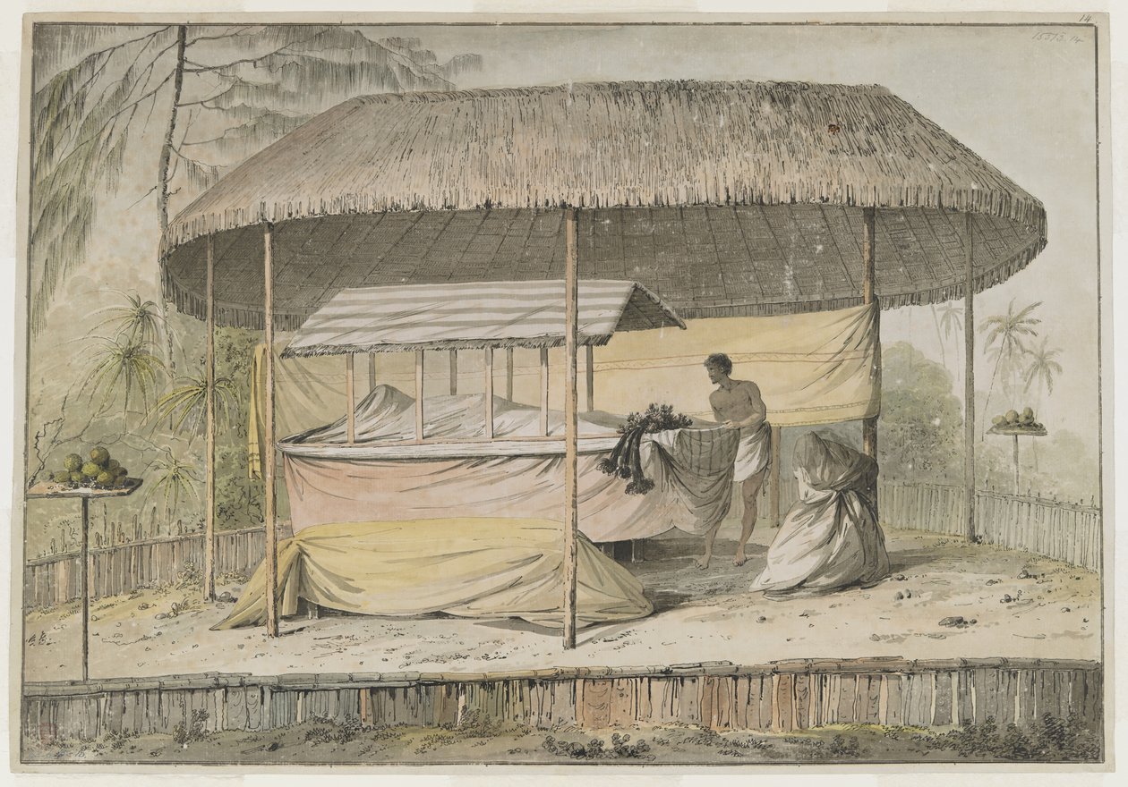 Waheiadooa, Oheitepehan päällikkö, makaa tilassa, kapteeni Cookin on tallentanut vierailunsa aikana Tahitilla 19. elokuuta 1777. Hautauslava tukee verhottua ruumista ja avustajaa. Niitä suojaa ruohokattoinen markiisi, ja niitä ympäröi matala p tekijältä John Webber