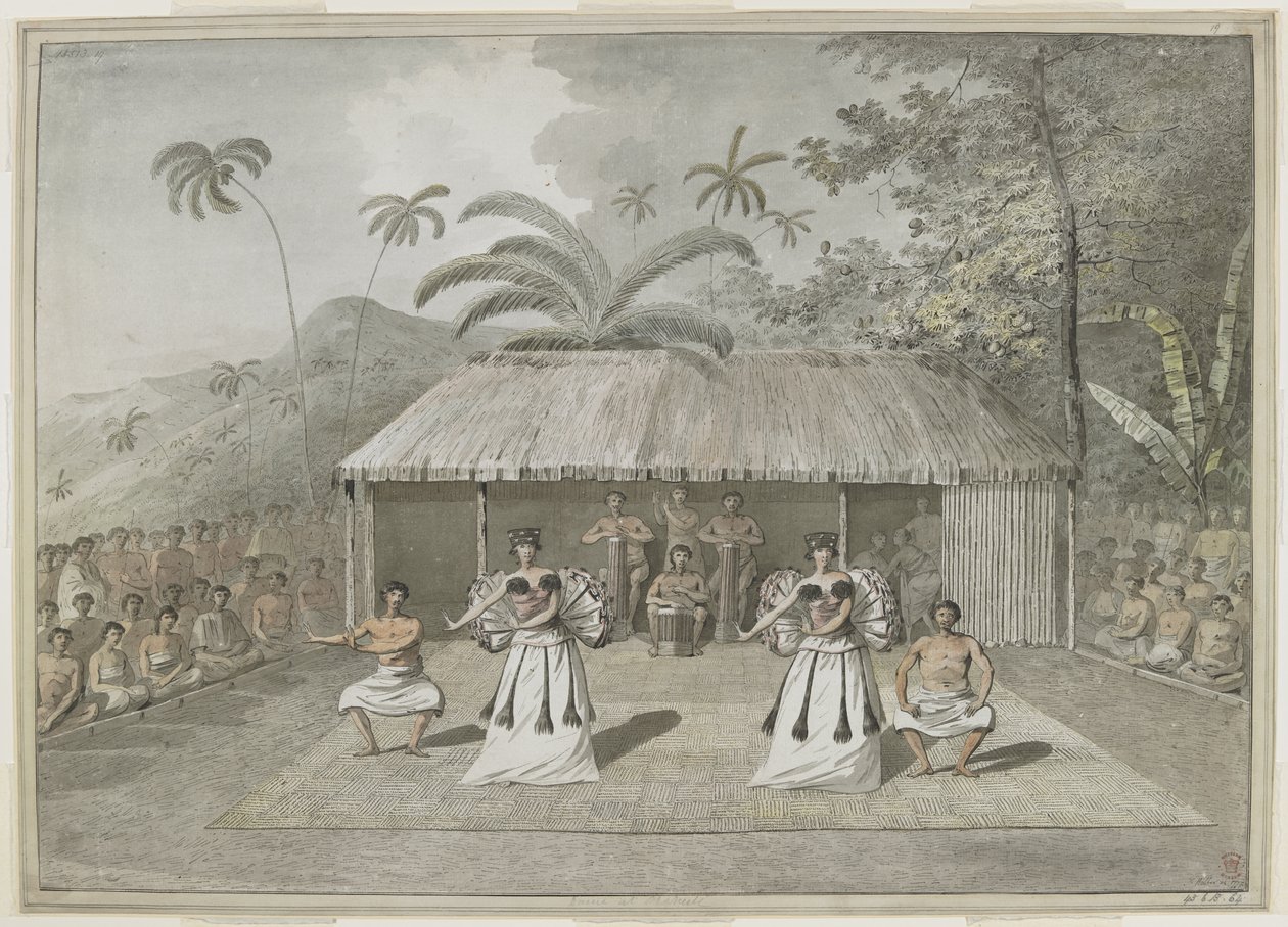 [Koko piirustus] Tanssi tai heiva Otaheitellä [Tahiti]. Kaksi miestä ja kaksi naista tanssivat, takana rumpali ja katsojia molemmilla puolilla. syyskuuta 1777 tekijältä John Webber