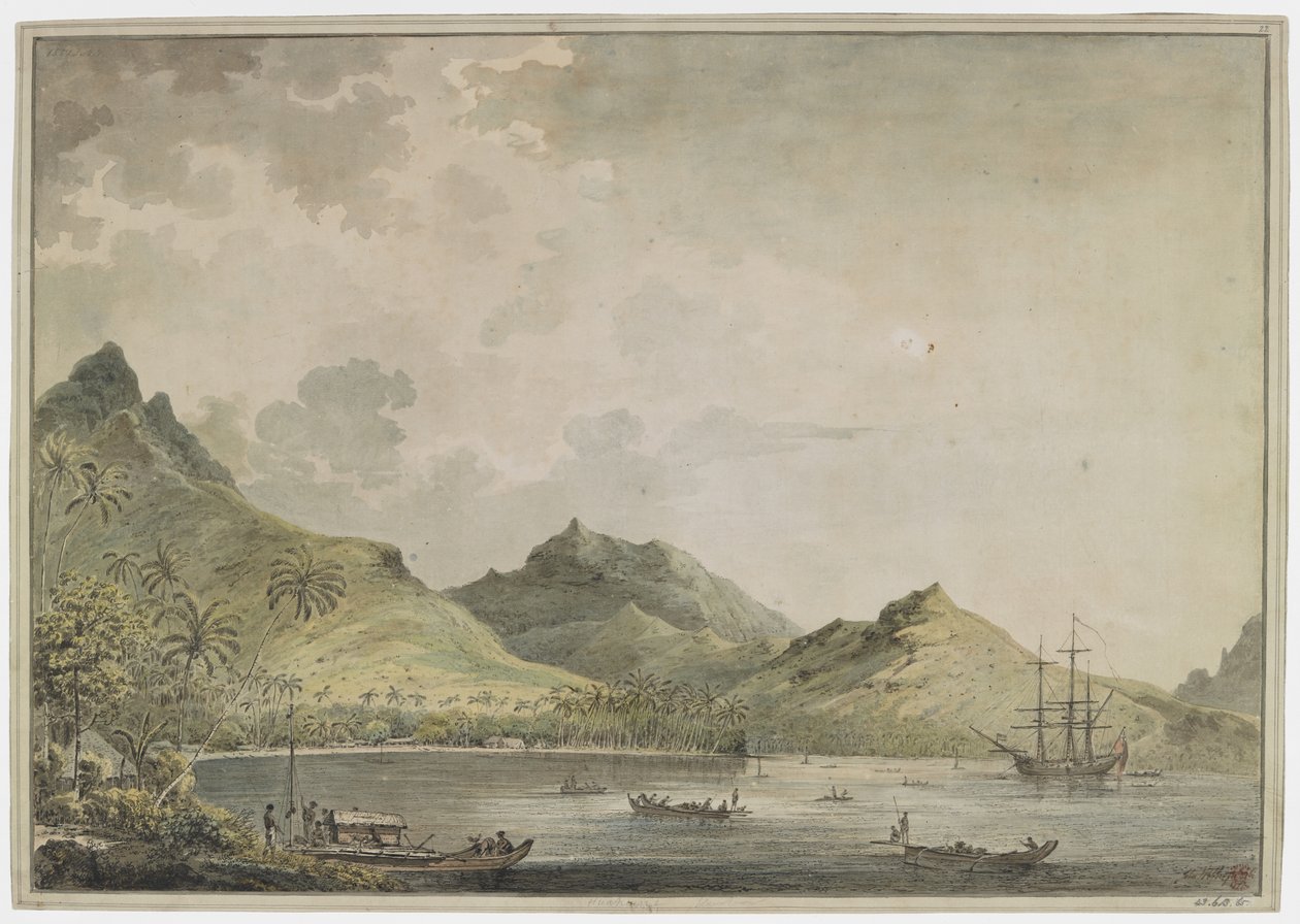 [Koko piirustus]. Näkymä Huahinen satamaan [Fare Harbour]. taustalla huippuvuoret, mukaan lukien Mount Turi. Lahdessa on "Resolution" ja monia alkuperäisiä veneitä, ja rannalla ryhmä alkuperäiskansoja hoitaa kaksinkertaista kanoottia, jossa on kansihuone. tekijältä John Webber