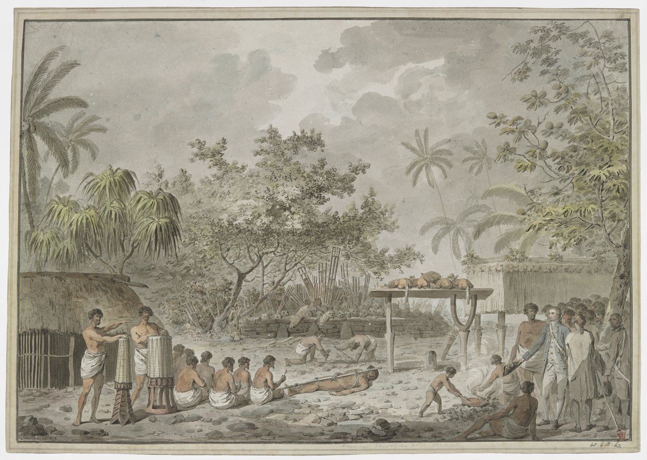 [Koko piirustus] Ihmisuhri suurella morailla Attahouroossa [Utuaimahuraussa] Tahitissa, kapteeni Cook todistajana 1. syyskuuta 1777. Sidottu hahmo etualalla, miehet kaivamassa kuoppaa ruumiille takana ja whatta sisältää kaksi koiraa ja thr tekijältä John Webber