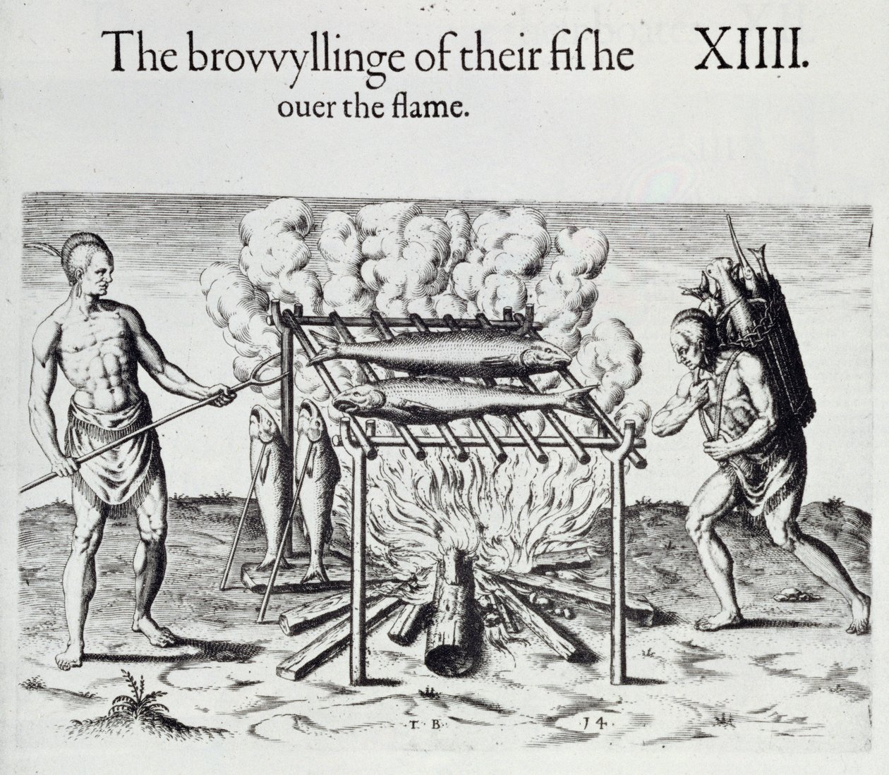 Cooking Fish, lautanen Thomas Harriotin (1560-1621) pubista "A Brief and True Report of the New Found Land of Virginia". 1590 tekijältä John White