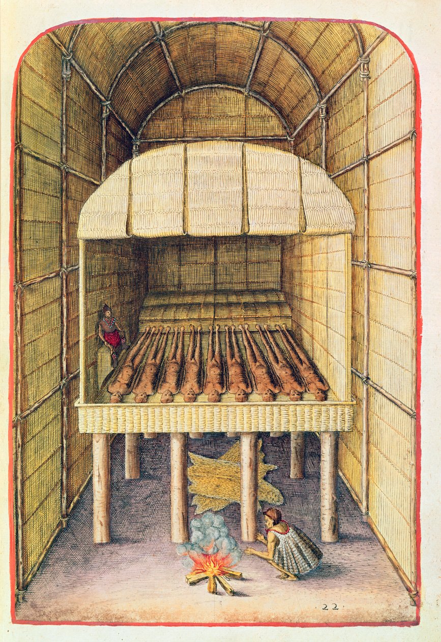 Kuinka intiaanit kohtelivat kuolleitaan, teoksesta "Admiranda Narratio...", kaiverrettu Theodore de Bry (1528-98) 1585-88 tekijältä John White