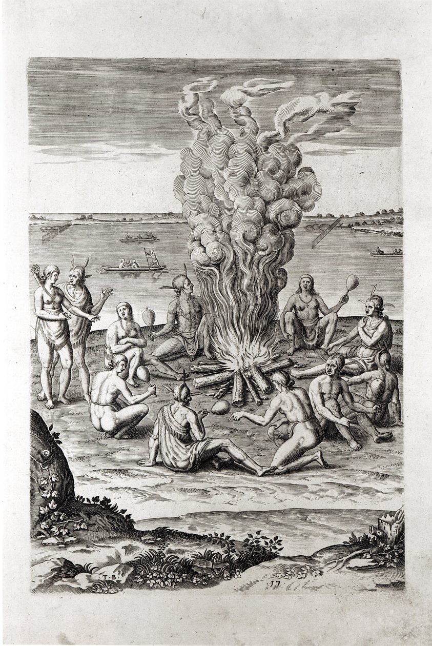 Intiaanit rukoilemassa tulen ympärillä, kaiverrus Hariotin kirjasta "A Briefe and True Report of... Virginia", 1590, kaivertanut Theodor de Bry (1528-98) tekijältä John White