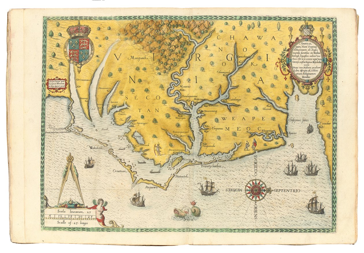 Virginian kartta, jossa näkyy Sir Walter Raleighin retkikunnan saapuminen vuosina 1585, 1590 tekijältä John White