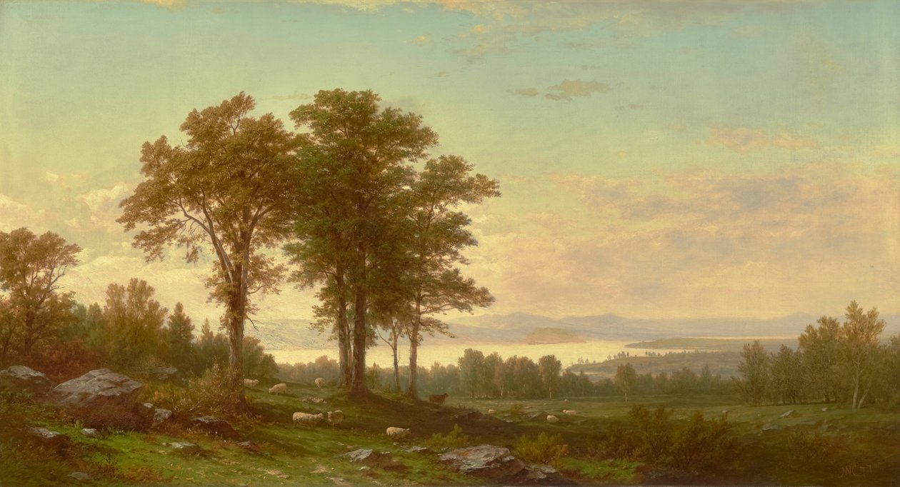 Jokimaisema lampaineen 1877 (Öljy kankaalle) tekijältä John William Casilear