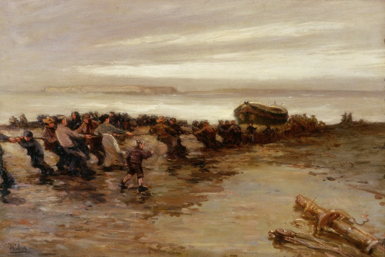 Pelastusveneen nostaminen, Holy Island, n. 1910-20 tekijältä John William Gilroy