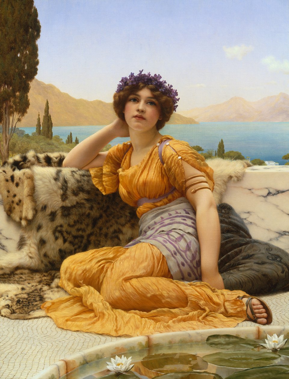 Kanssa violetit seppeleet ja viitta Saffron Hue tekijältä John William Godward