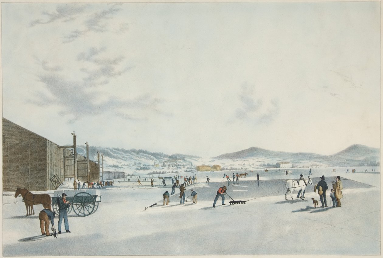 Rockland Lake - Jään leikkaaminen. Näkymä koillisesta, pub. 1849 tekijältä John William Hill