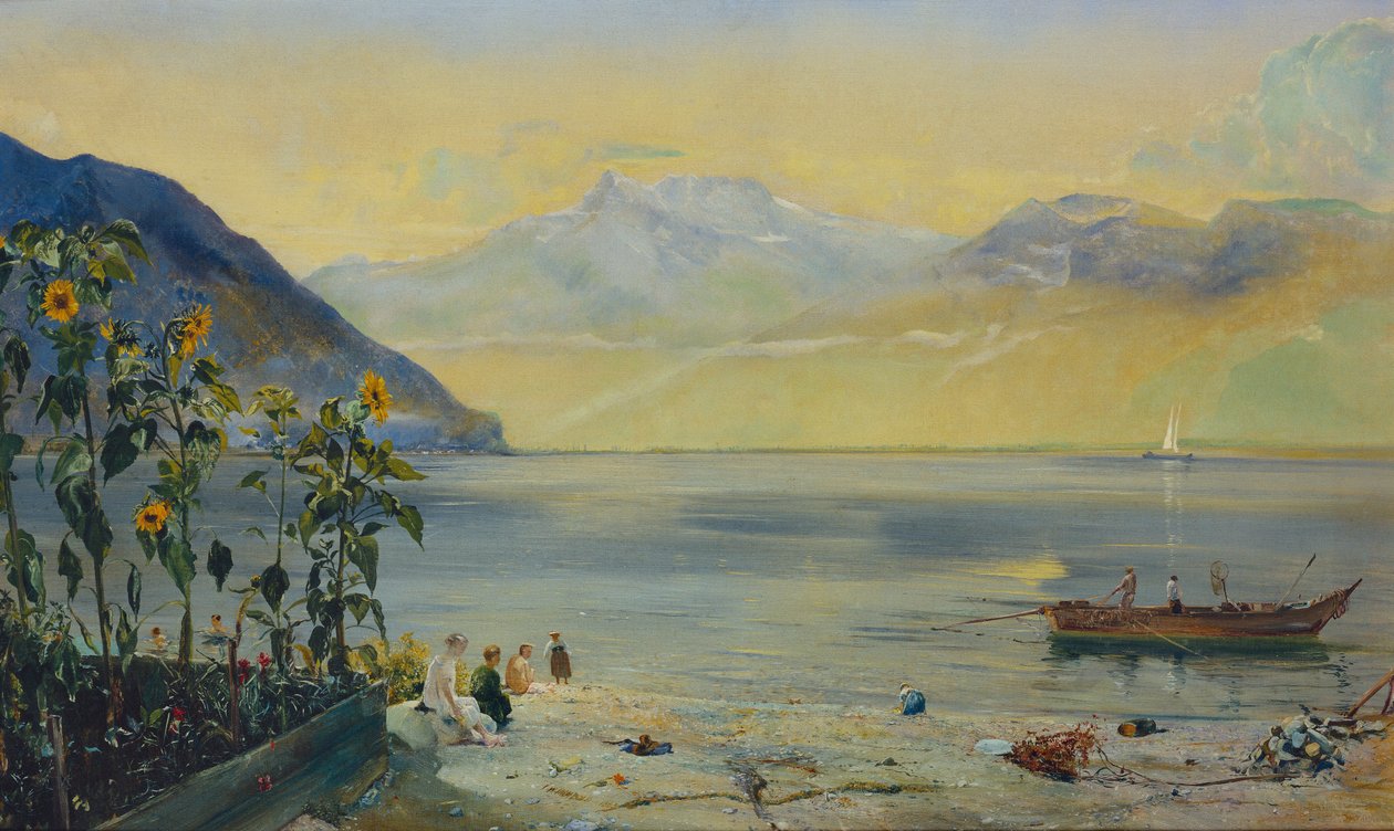 Leman-järvi ja Dents du Midi kaukana, 1863 tekijältä John William Inchbold