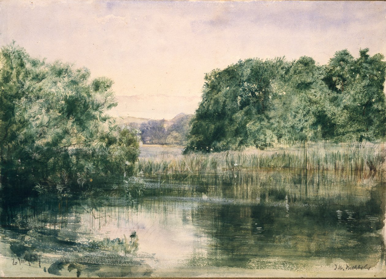 Näkymä järvelle ja puita, 1857 tekijältä John William Inchbold