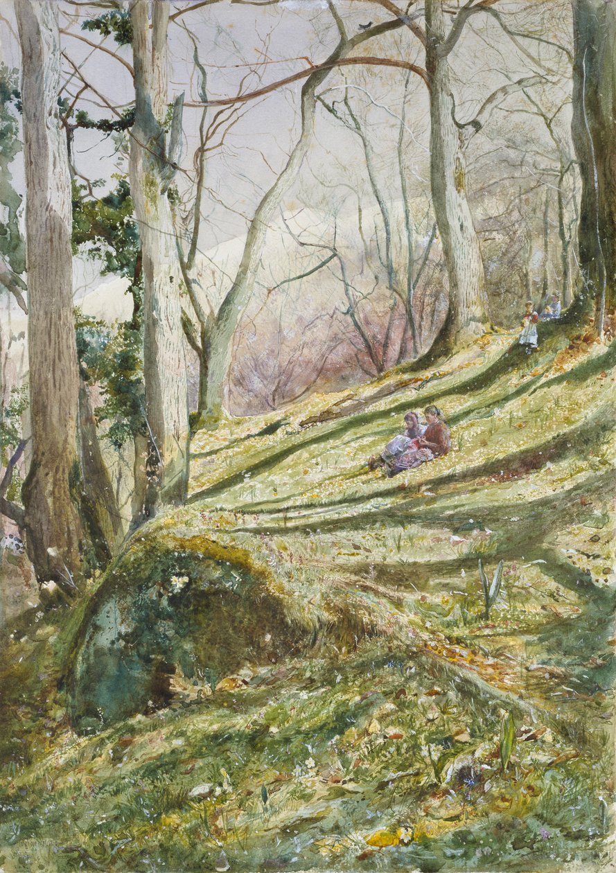 Metsäinen rinne, jossa on neljä hahmoa, 1800-luvun puoliväli tekijältä John William Inchbold
