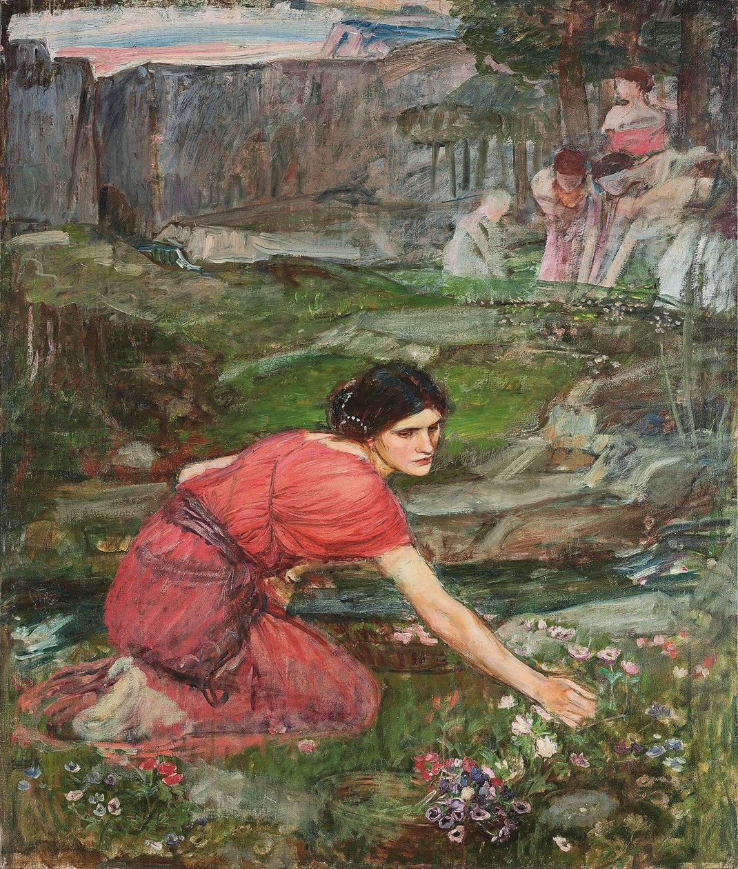 Tutkimus: Neitsyt poimivat kukkia puron varrelta, n. 1909-1914 tekijältä John William Waterhouse