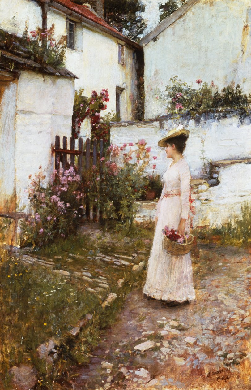 Kesäkukkien kerääminen Devonshiren puutarhassa tekijältä John William Waterhouse