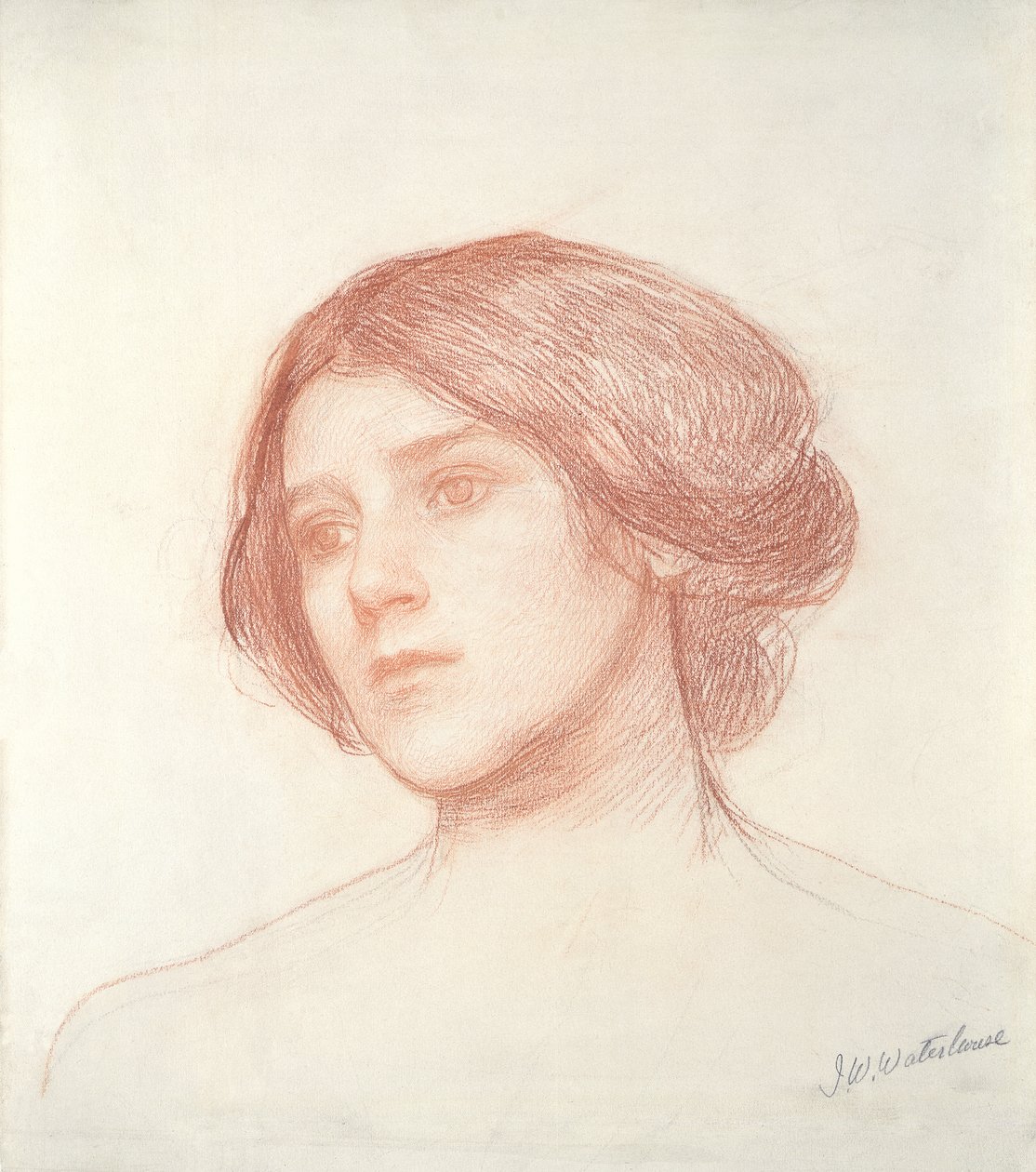 Tytön pää (punainen liitu paperille) tekijältä John William Waterhouse