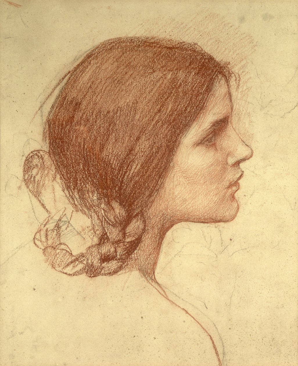 Tytön pää, n. 1905 (punainen liitu paperille) tekijältä John William Waterhouse
