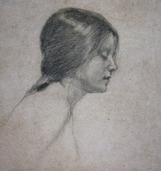 Nuoren tytön pää, n.1880 (lyijykynä paperille). tekijältä John William Waterhouse