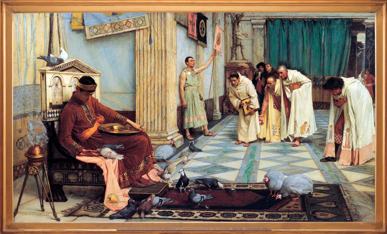 ""Länsi-Rooman keisari Honoriuksen (384-423) suosikit"" Kuvaus keisarista ruokkimassa lintujaan neuvonantajiensa kumartuessa nöyrästi - John William Waterhousen (1849-1917) maalaus 1883 Etelä-Australian taidegalleria A tekijältä John William Waterhouse