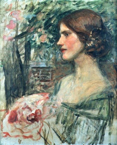 Muotokuva naisesta vihreässä mekossa tai Kukkakimppu, n. 1908 (öljy kankaalle) tekijältä John William Waterhouse