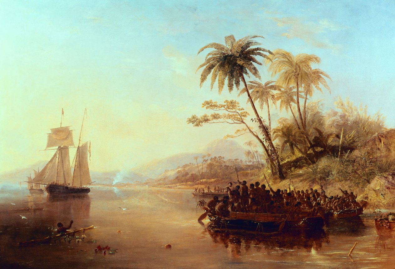 Brittiläinen maanmittauslaiva eteläisellä Tyynellämerellä, jonka saarilaiset tervehtivät Outrigger Canoesissa, n. 1840 tekijältä John Wilson Carmichael