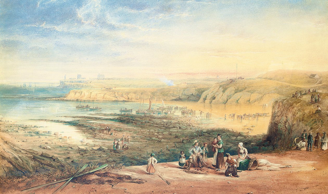 Cullercoats katselee kohti Tynemouthia, Northumberlandia, kalastajat etualalla, 1836 tekijältä John Wilson Carmichael