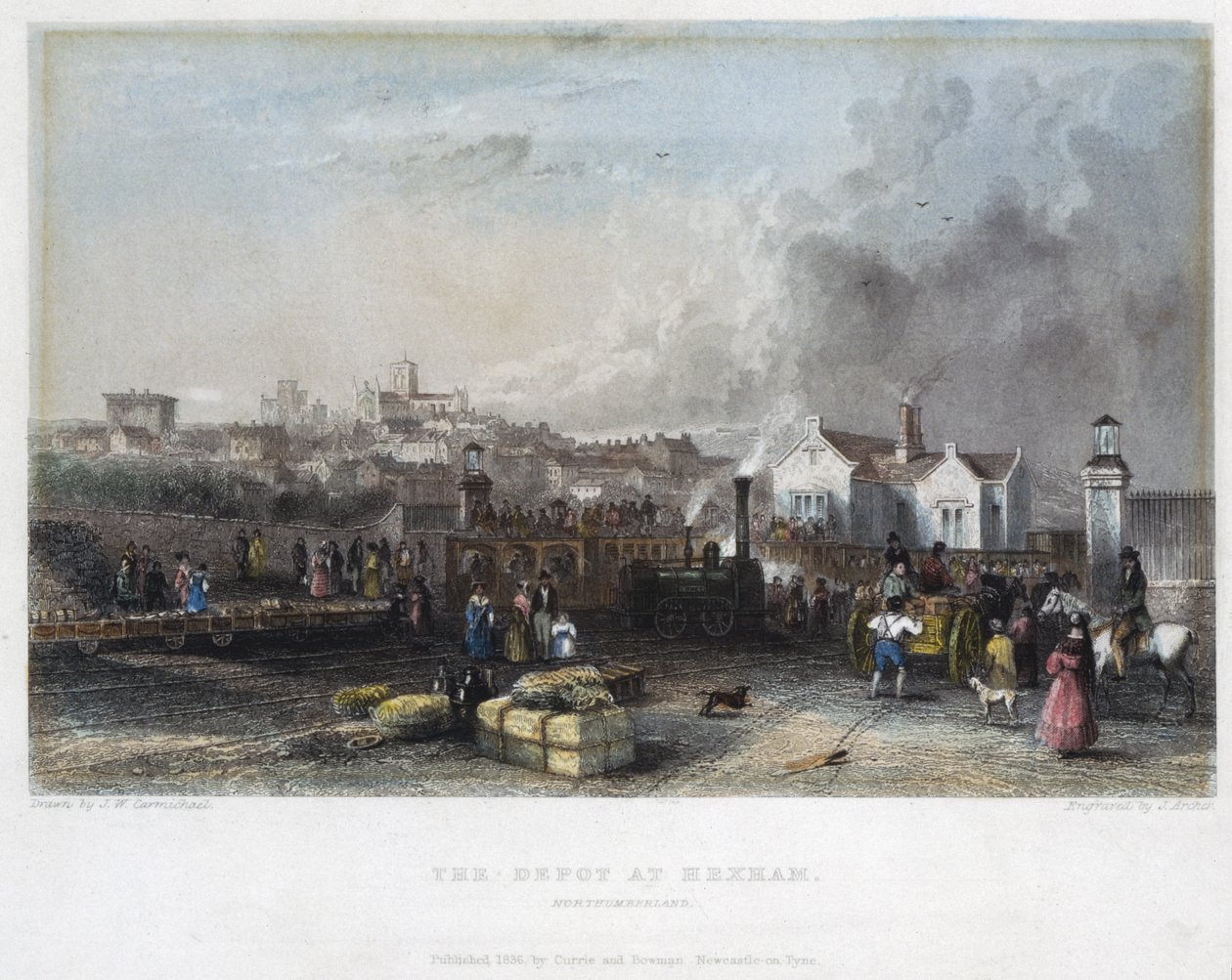 The Depot Hexhamissa, Newcastlessa ja Carlisle Railwayssa, kaivertanut J. Archer, 1836 tekijältä John Wilson Carmichael