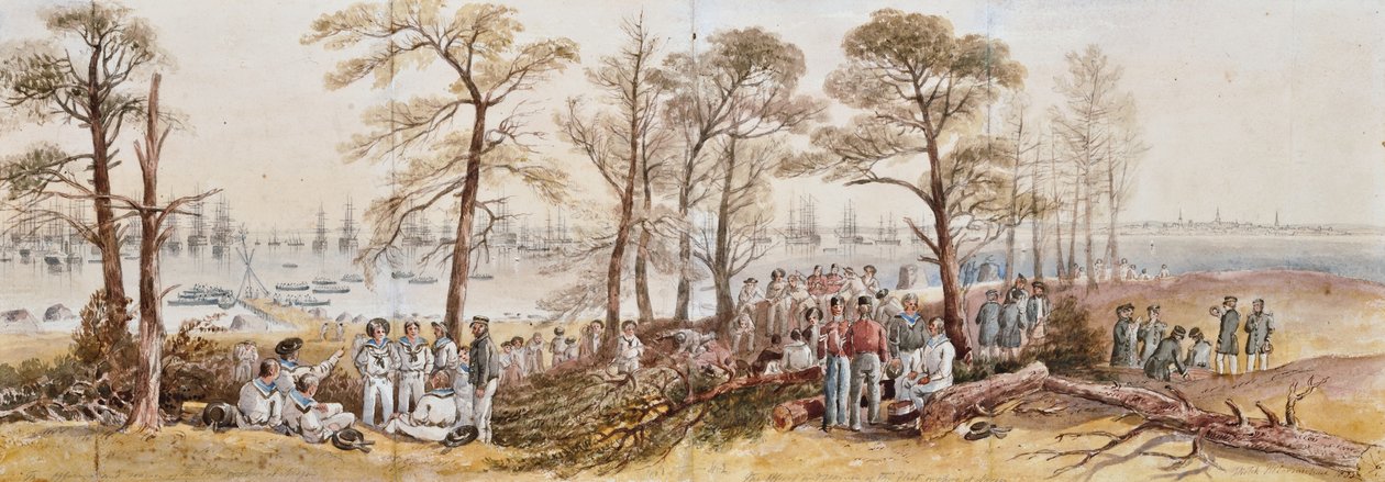 Laivaston upseerit ja merimiehet rannalla Nargenissa, 1855 tekijältä John Wilson Carmichael
