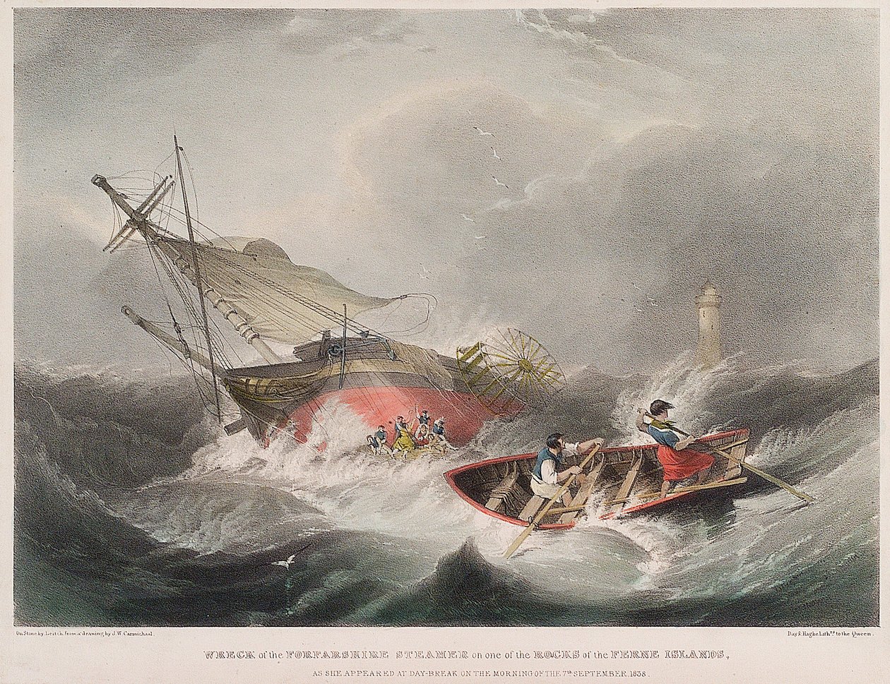 Forfarshire-höyrylaivan uppoaminen Farne-saarten (Englanti) kallioille sellaisena kuin se näkyi auringonnousun aikaan 7. syyskuuta. tekijältä John Wilson Carmichael