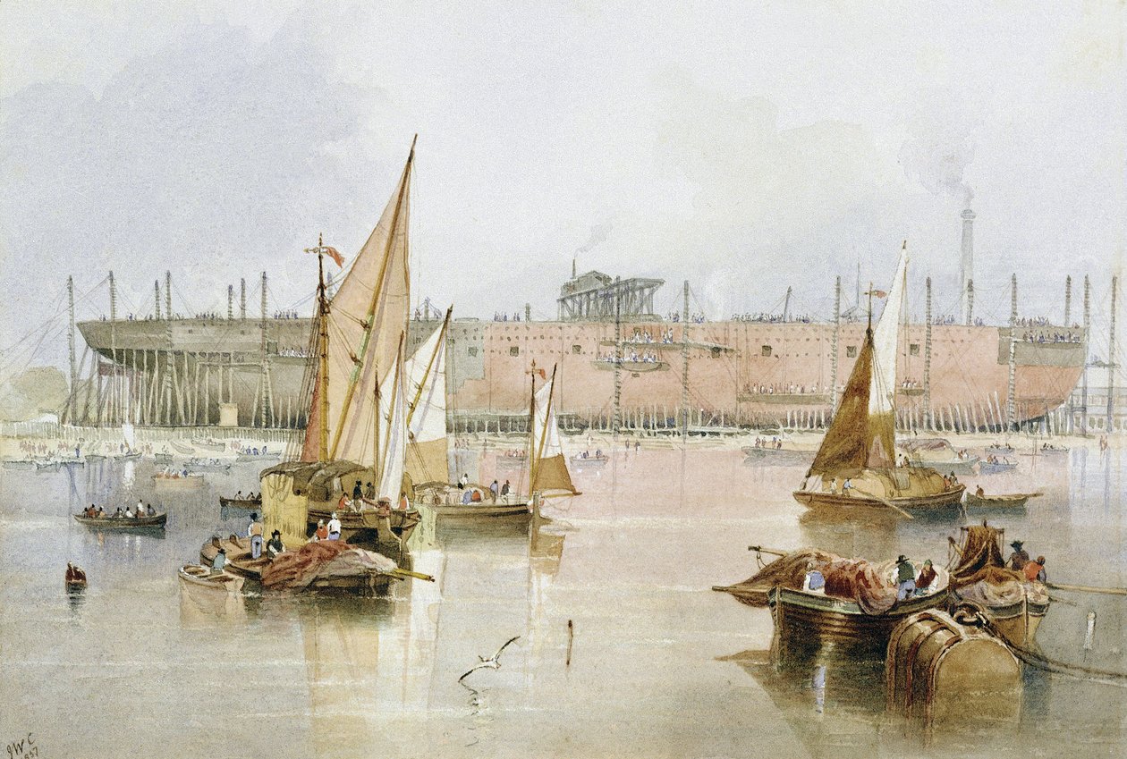 Atlantin ylittävä linjalaiva "Great Eastern" vuonna 1857 Millwallissa Thamesin varrella (Englanti), ennen kuin sen rakentaminen saatiin päätökseen. tekijältä John Wilson Carmichael
