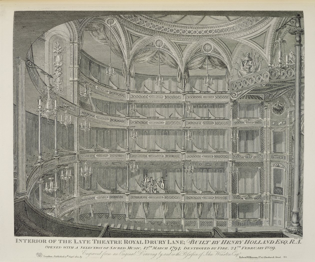 The Late Theatre Royalin sisustus, Drury Lane, Lontoo, Henry Hollandin rakentama, 1794, tulipalo tuhosi vuonna 1809, kaiverrus Dale, 1820 tekijältä John Winston