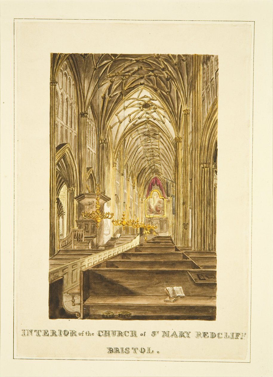 Näkymä Center Aisle of St Mary Redcliffe -näkymästä itään, jossa Hogarthin alttaritaulu, n. 1824 (kynä ja akvarelli paperilla) tekijältä John Withers