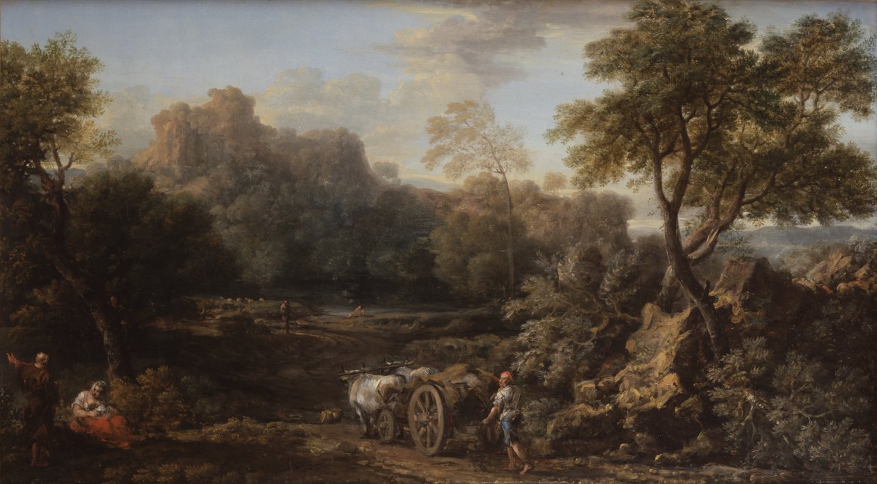 Maalaismies härkävaunuineen ja muita kulkijoita metsäisessä maisemassa, noin 1740 (öljy kankaalle) tekijältä John Wootton