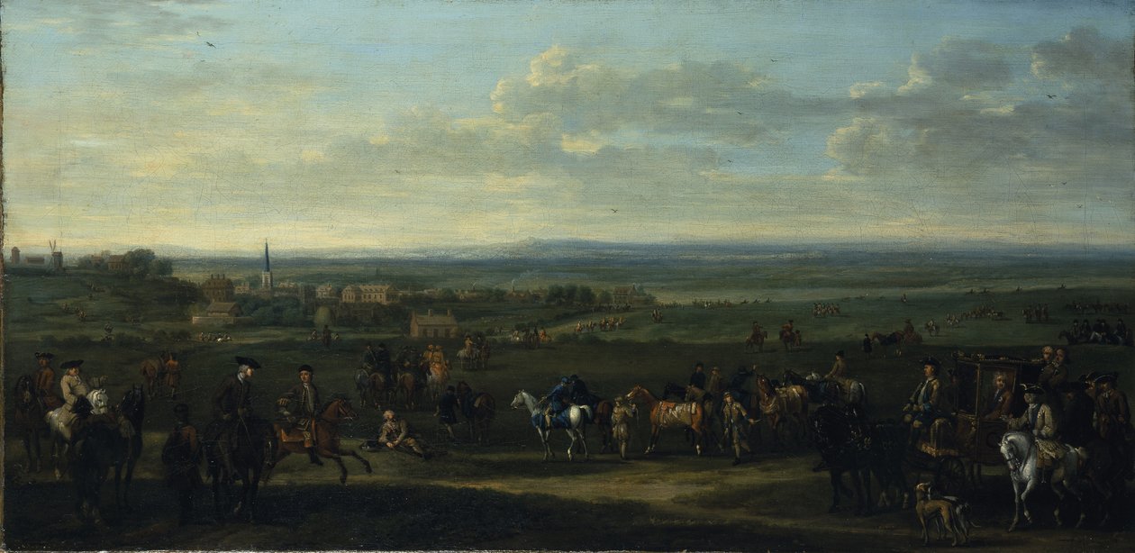 Näkymä Old Newmarket hahmoilla ja hevosilla Heathilla (öljy kankaalle) tekijältä John Wootton