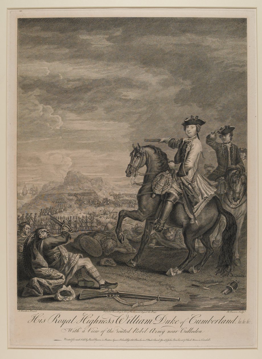 H.R.H. William (1721-65) Cumberlandin herttua näkemyksenä syrjäytettyyn armeijaan lähellä Cullodenia, 1746, julkaisija B. Baron, 1747 tekijältä John Wootton