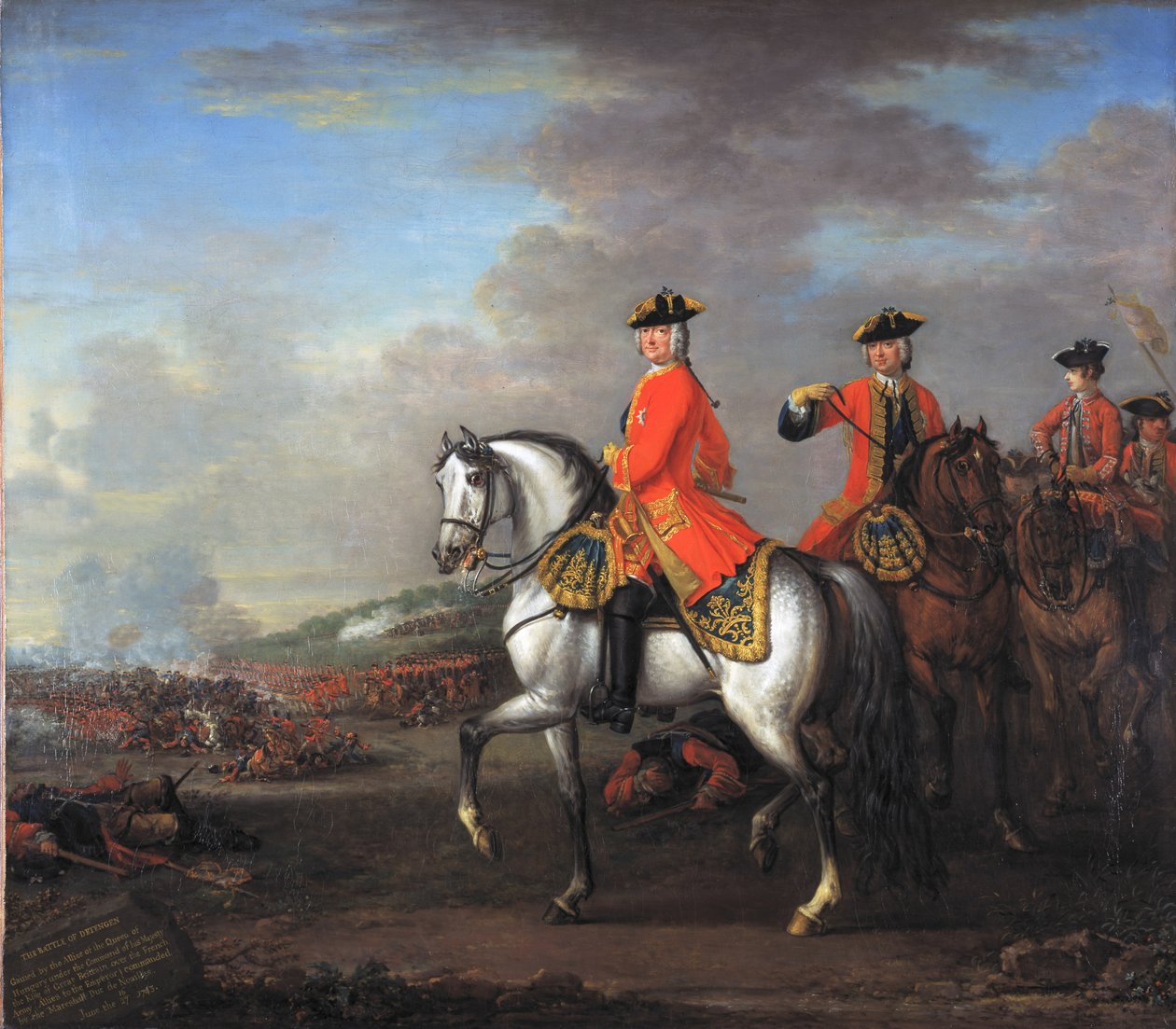 Kuningas Yrjö II (1683-1760) Dettingenin taistelussa Cumberlandin herttuan ja Robertin, Holdernessin 4. jaarlin kanssa, 27. kesäkuuta 1743, n. 1743 tekijältä John Wootton