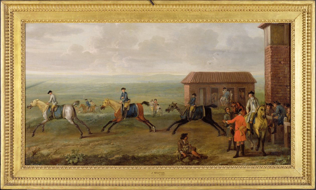 Lordi Portmore katselee kilpahevosia harjoituksissa Newmarket Heathissa, n. 1735 tekijältä John Wootton