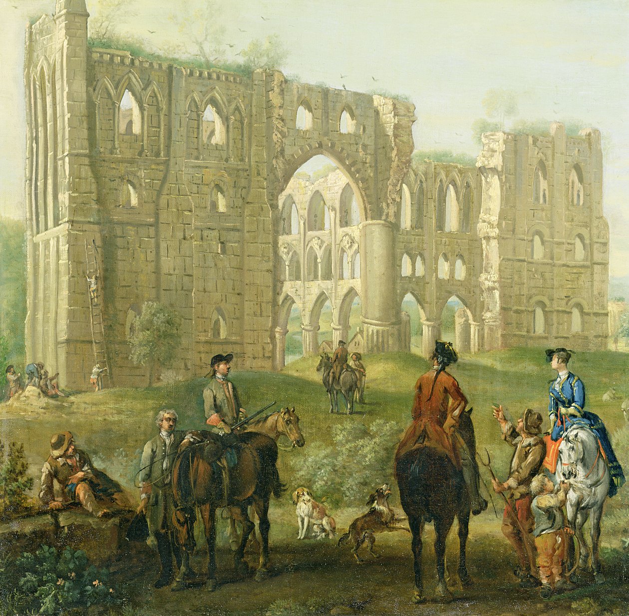 Ratsastajat pysähtyvät Rievaulx Abbeyn raunioilla, n. 1740-1750 (öljy kankaalle) tekijältä John Wootton