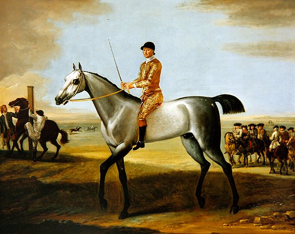 Rutlandin herttuan kuuluisa harmaa kilpahevonen Coneyskins jockeyn kanssa Newmarket Heathissä (öljy kankaalle) tekijältä John Wootton