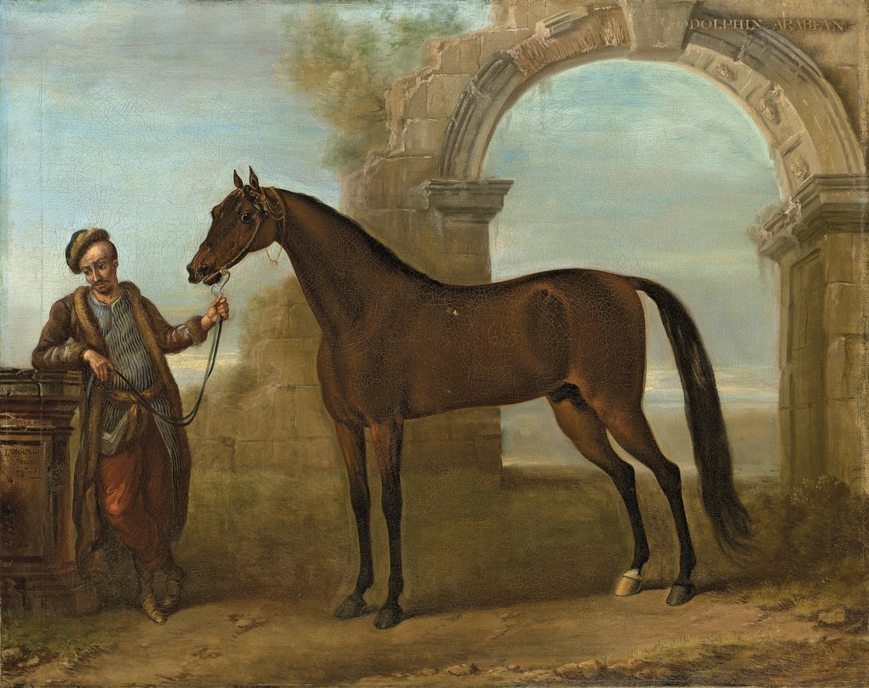Godolphin Arabien, sulhanen hallussa, maisemassa, jossa on raunioitu kaari, 1731 tekijältä John Wootton