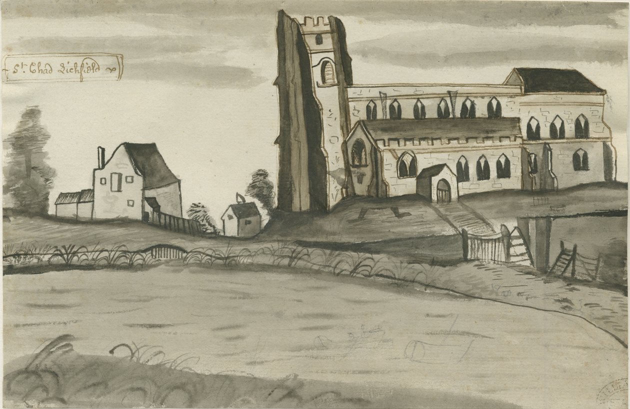 Lichfield - St. Chadin kirkko: kynä- ja pesupiirustus, nd [1784] (piirustus) tekijältä John Wright