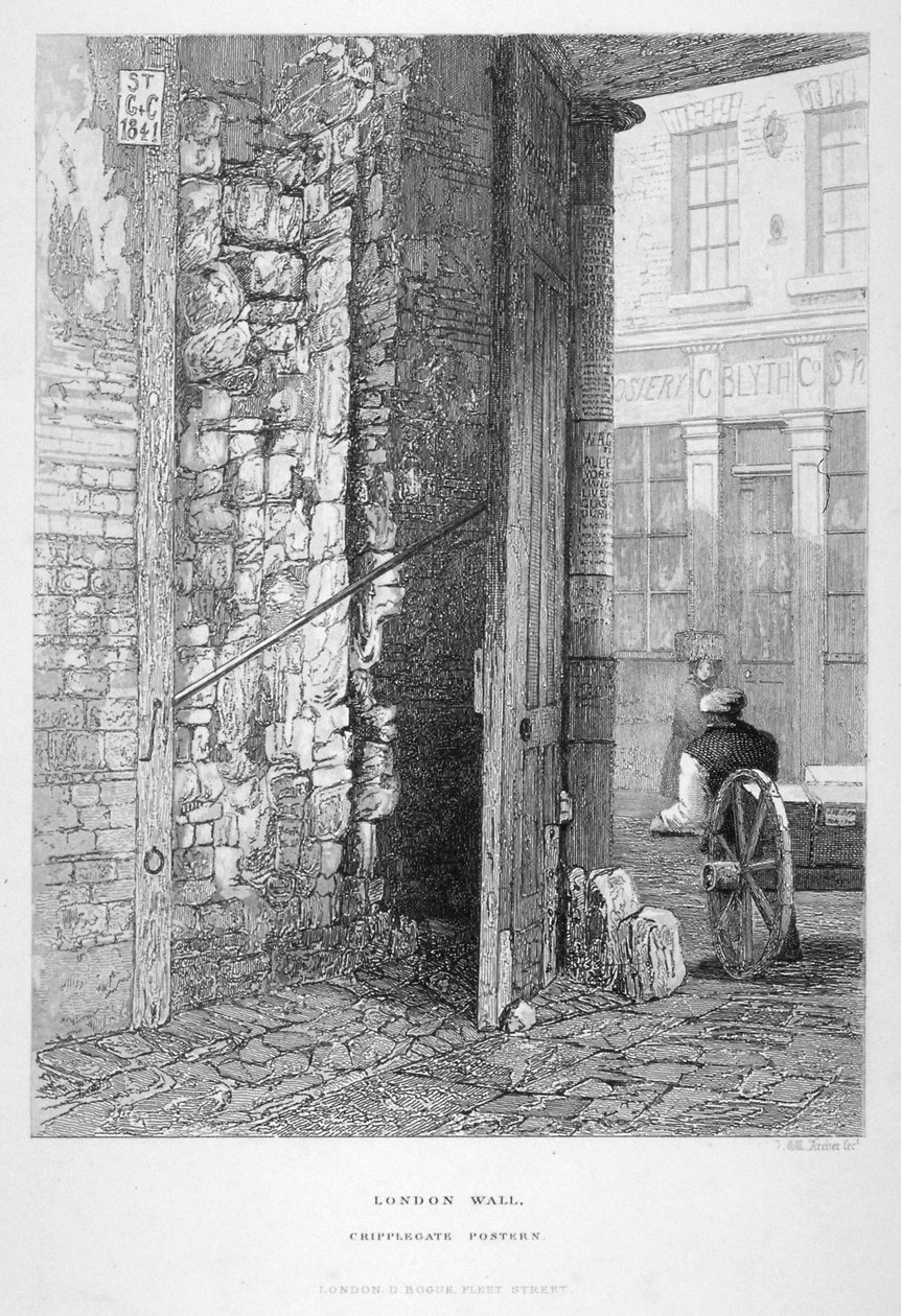 Cripplegate Posttern, St Gilesin kirkkopihalla ilman Cripplegatea, London Wall, Lontoo, 1851. tekijältä John Wykeham Archer