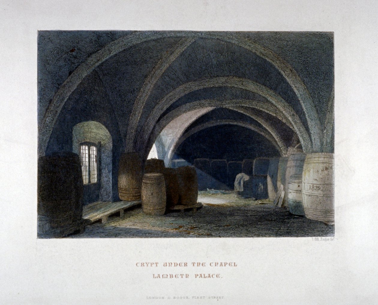 Tynnyreillä täytetty krypta kappelin alla Lambeth Palacessa Lontoossa, 1851. tekijältä John Wykeham Archer