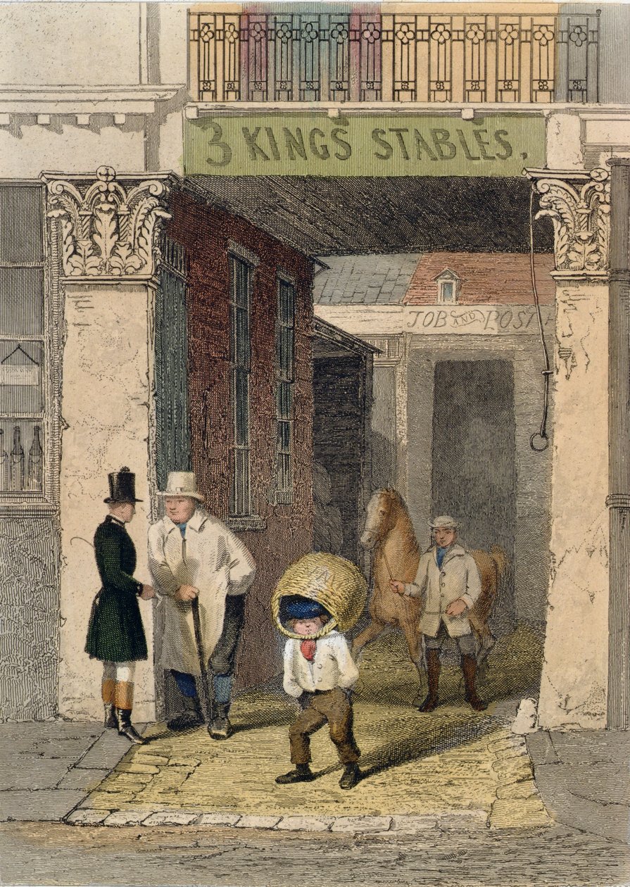 Clarendon Housen jäänteet, Three Kings Livery Stables, Piccadilly, Vestiges of Old Londonista, 1851 (värillinen etsaus) tekijältä John Wykeham Archer