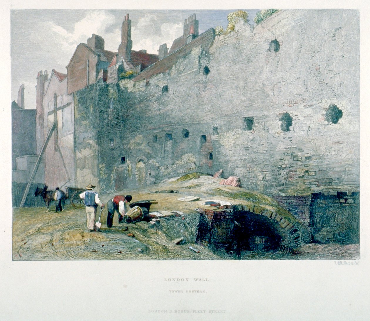 Näkymä Tower Postternista ja Lontoon muurista miesten kaivauksissa, Lontoon kaupunki, 1851 tekijältä John Wykeham Archer
