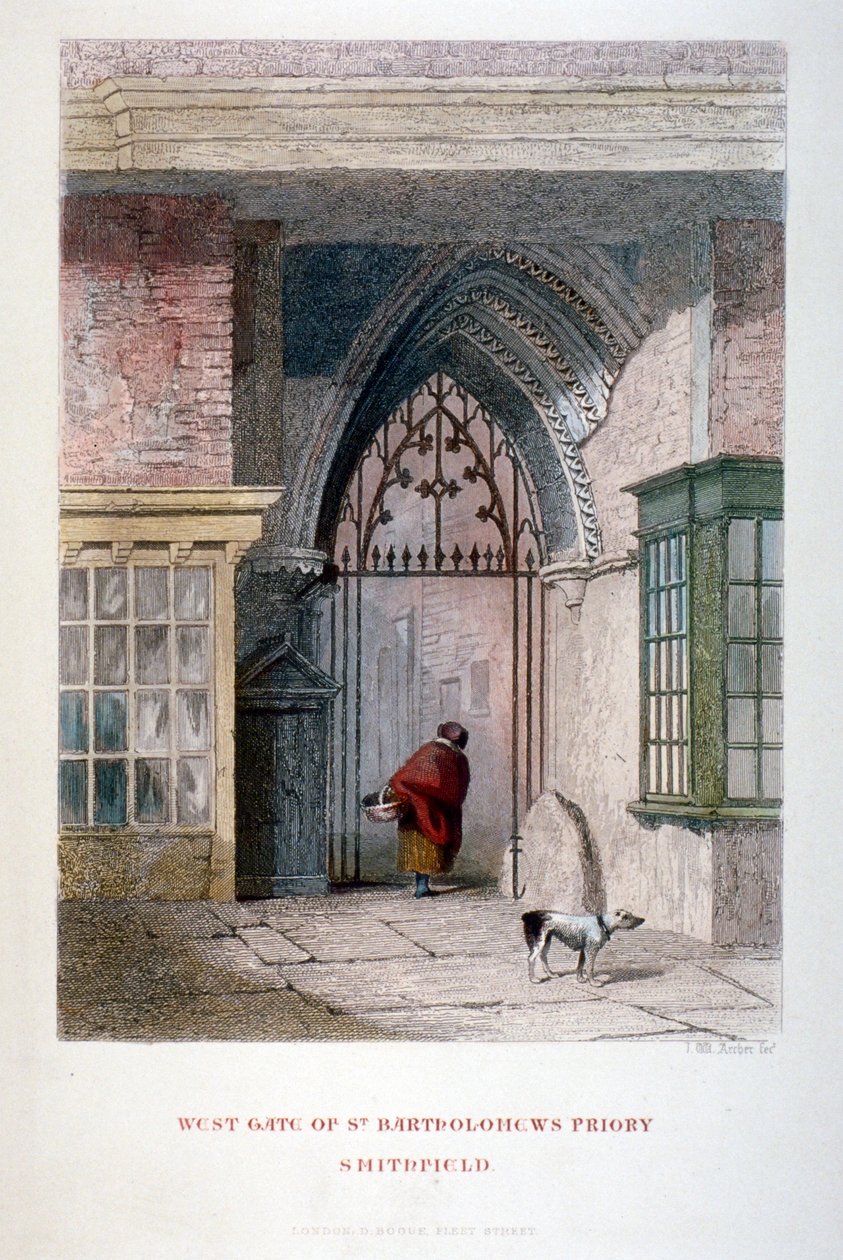 Vanhan St. Bartholomew-suuren luostari länsiportti, Smithfield, Lontoon kaupunki, 1851 tekijältä John Wykeham Archer