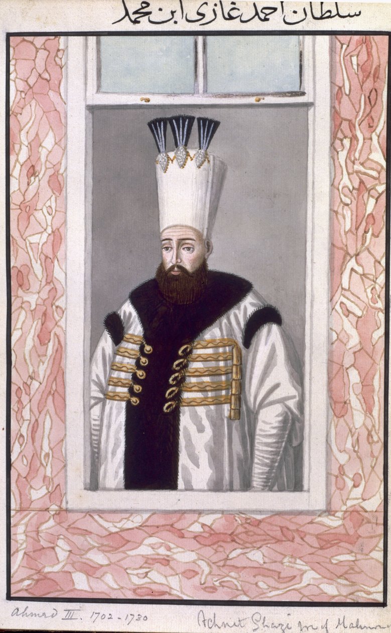 Ahmed III (1673–1736) sulttaani 1703–1730, teoksesta ”Sarja Turkin keisarien muotokuvia” tekijältä John Young