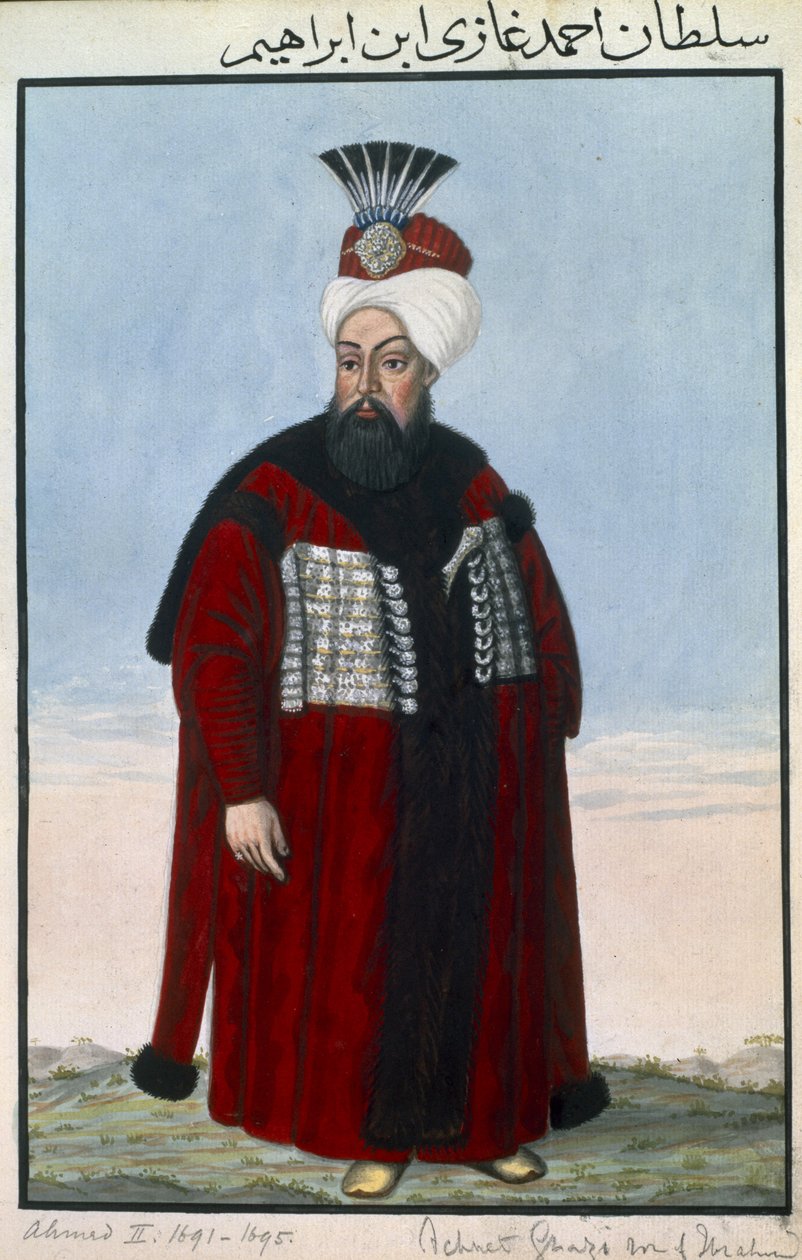 Ahmed II (1642–95) sulttaani 1691–95, teoksesta ”Sarja Turkin keisarien muotokuvia” tekijältä John Young