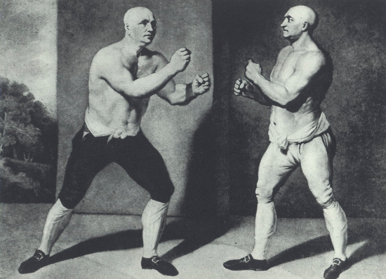 Varhaiset brittiläiset nyrkkeilijät, John Broughton (vas.) ja George Stevenson tappelivat vuonna 1741: Broughton keksi nyrkkeilyhanskan (mezzotint) tekijältä John Young
